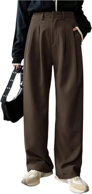 GORGLITTER Women's Low Rise Dress Pants Dressy Casual Low Waisted Wide Leg Straight Trousers Capri Pants Work Business