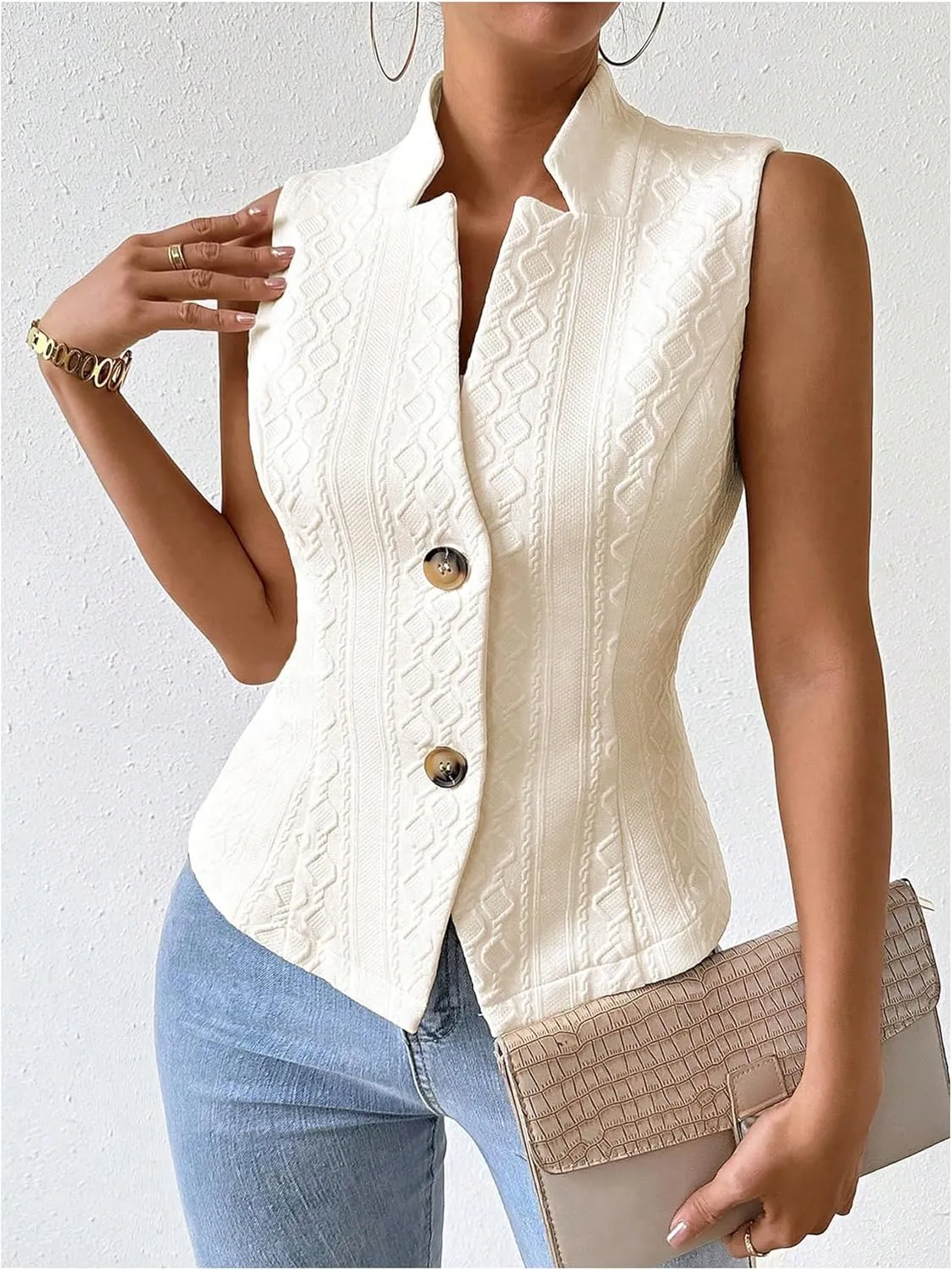 GORGLITTER Women's Sleeveless Blazer Vest Top Dressy Textured Button Up Suit Vest Split Hem Collared Waistcoat