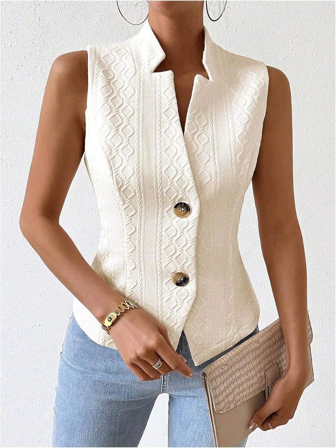 GORGLITTER Women's Sleeveless Blazer Vest Top Dressy Textured Button Up Suit Vest Split Hem Collared Waistcoat