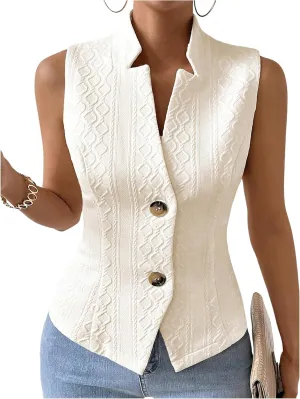 GORGLITTER Women's Sleeveless Blazer Vest Top Dressy Textured Button Up Suit Vest Split Hem Collared Waistcoat