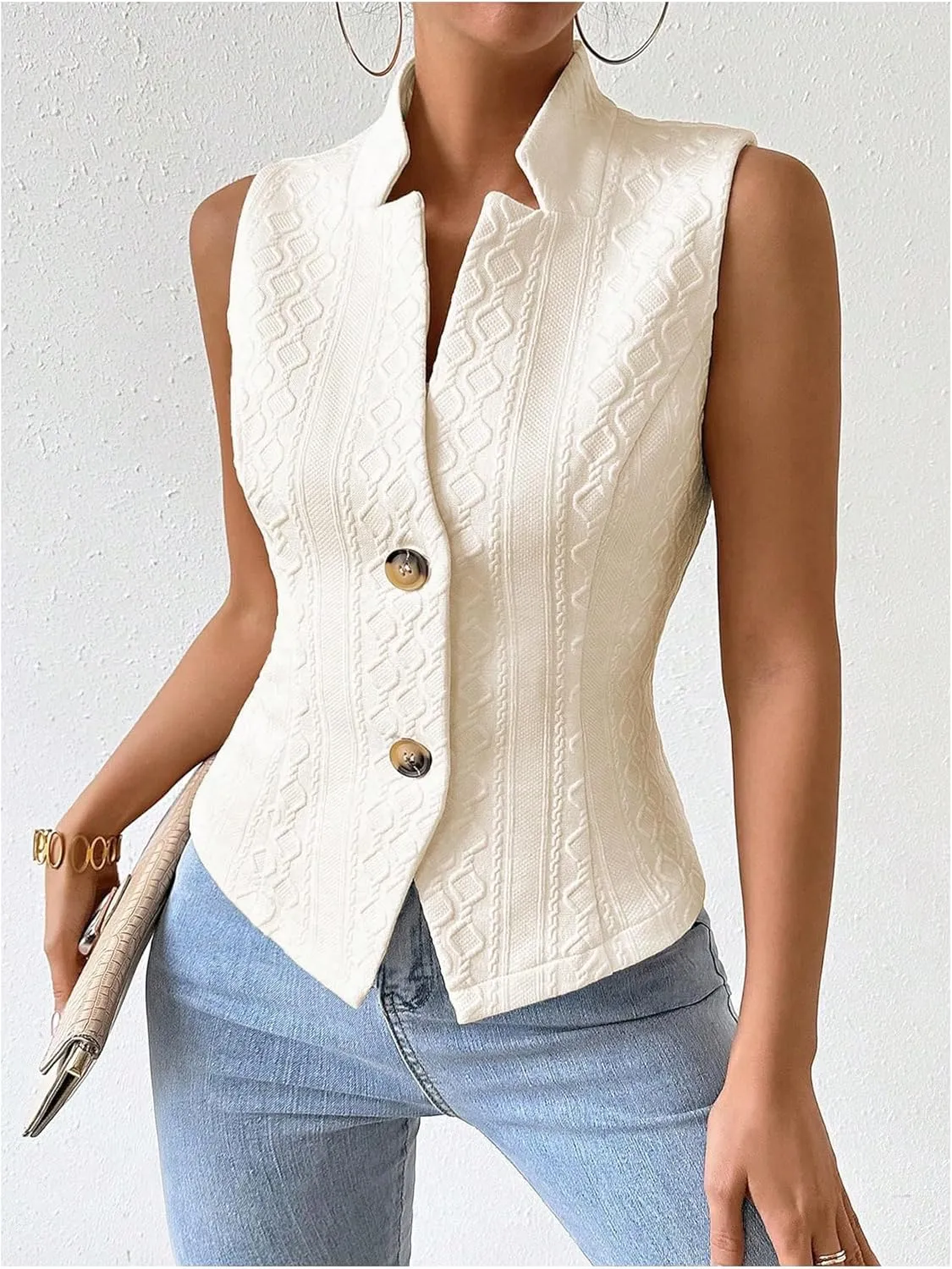 GORGLITTER Women's Sleeveless Blazer Vest Top Dressy Textured Button Up Suit Vest Split Hem Collared Waistcoat