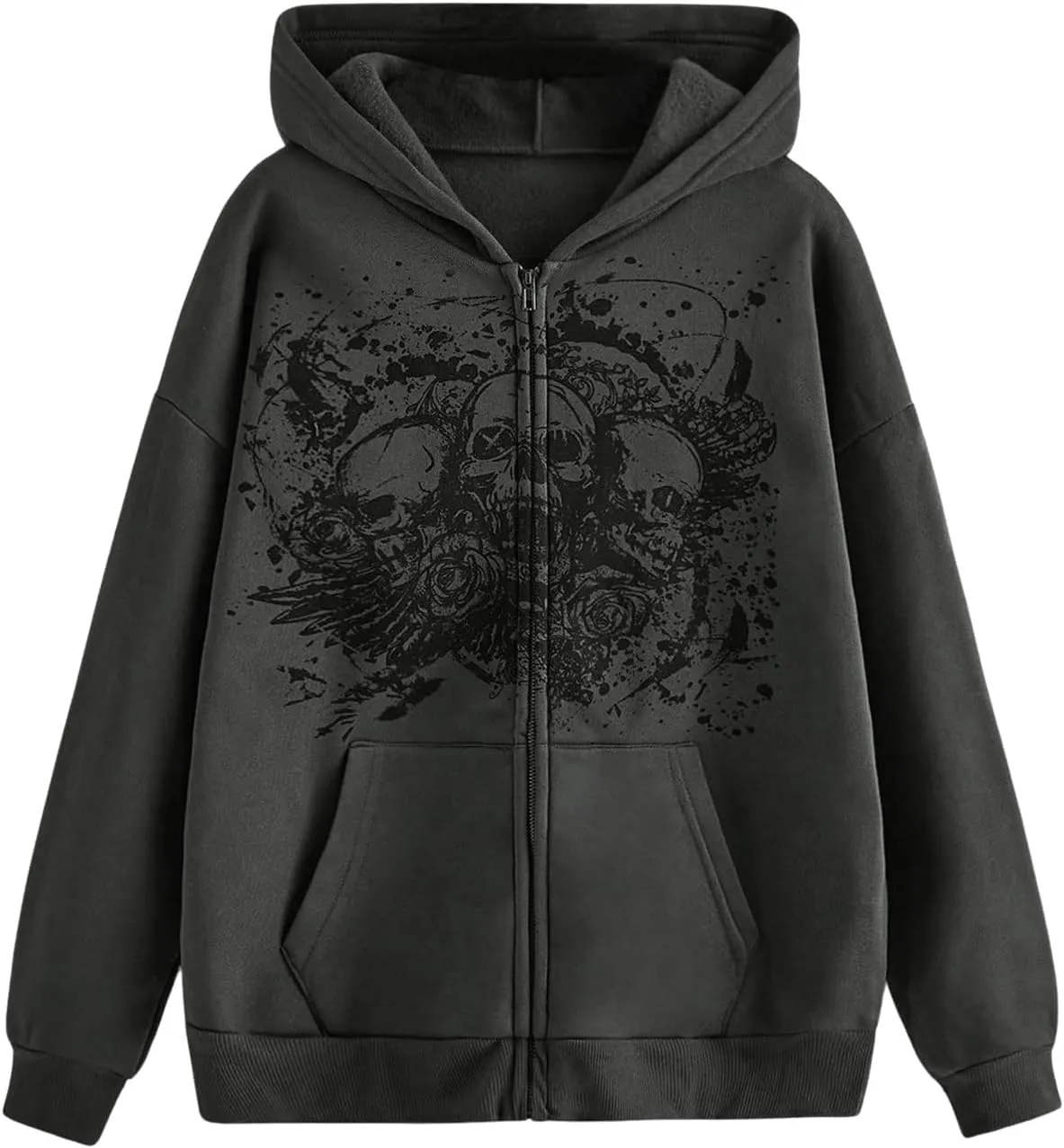 GORGLITTER Women's Zip Up Goth Hoodies Skull Print Long Sleeve Oversized Y2k Sweatshirt with Pocket