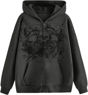 GORGLITTER Women's Zip Up Goth Hoodies Skull Print Long Sleeve Oversized Y2k Sweatshirt with Pocket