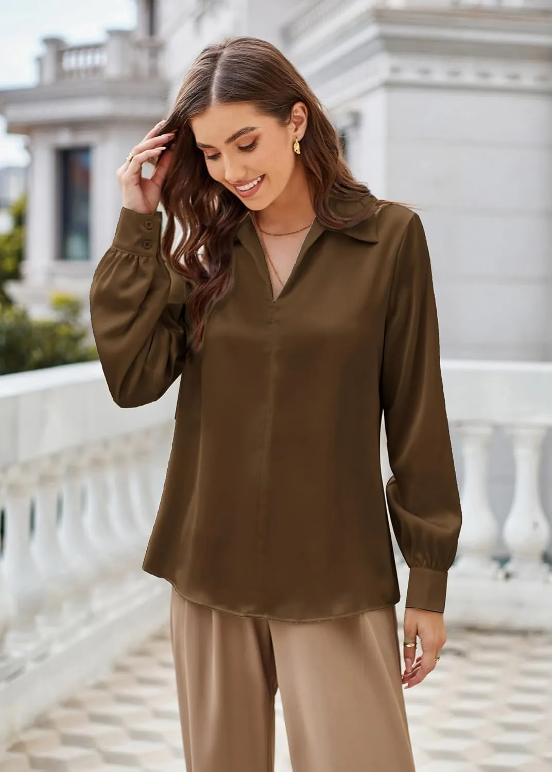GRACE KARIN Women's Satin Silk Blouse Lapel V Neck Long Sleeve Casual Work Blouse Shirts Pullover Tops