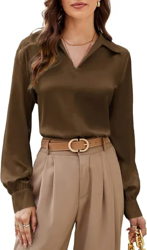 GRACE KARIN Women's Satin Silk Blouse Lapel V Neck Long Sleeve Casual Work Blouse Shirts Pullover Tops