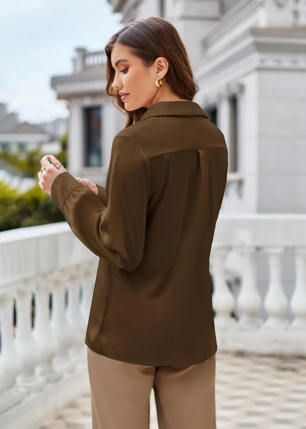 GRACE KARIN Women's Satin Silk Blouse Lapel V Neck Long Sleeve Casual Work Blouse Shirts Pullover Tops