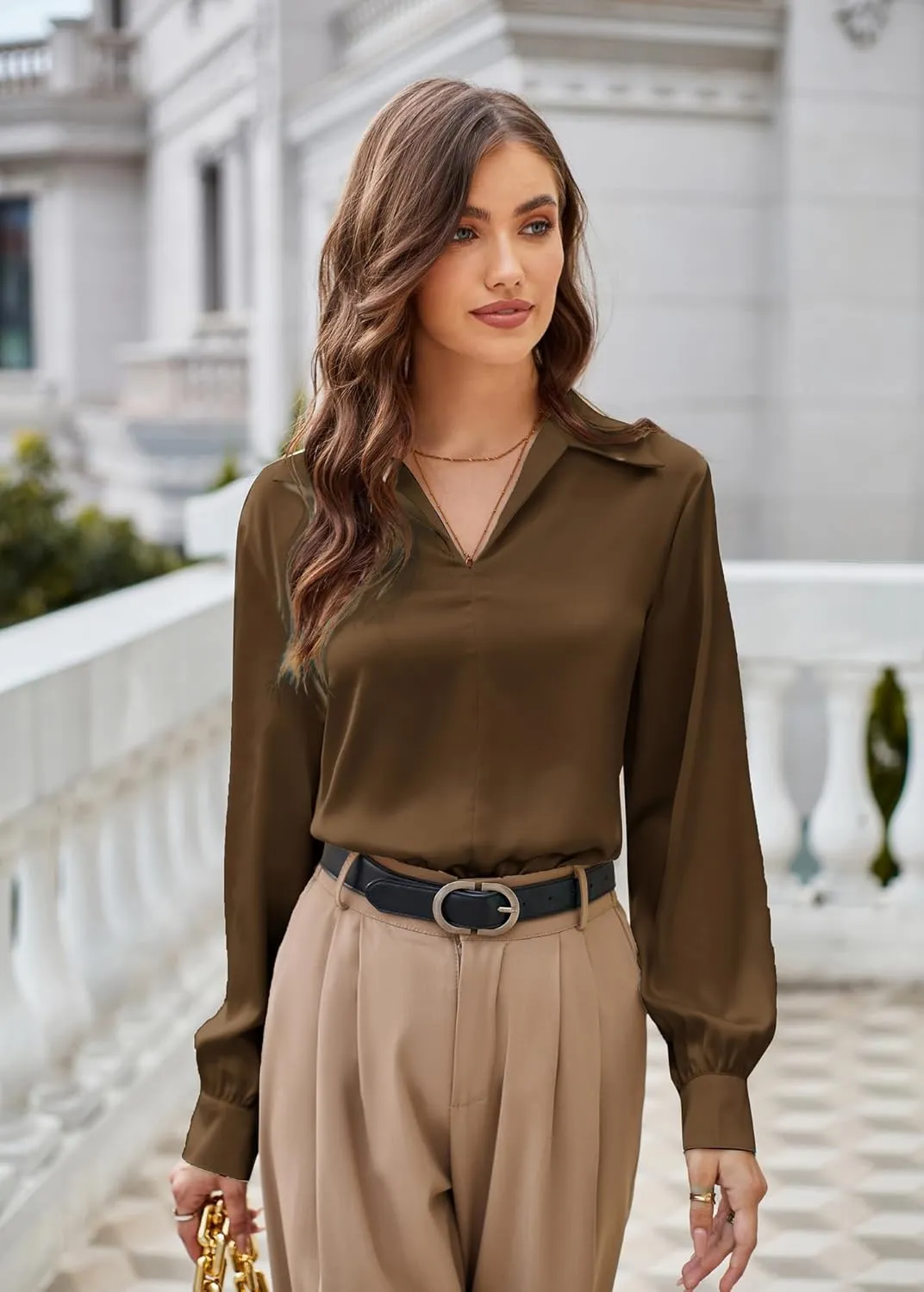 GRACE KARIN Women's Satin Silk Blouse Lapel V Neck Long Sleeve Casual Work Blouse Shirts Pullover Tops