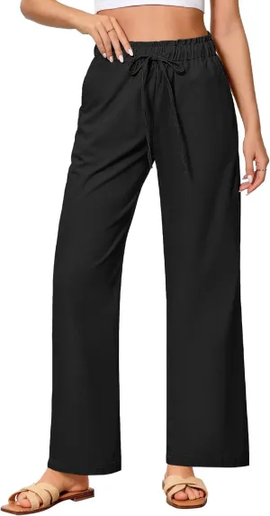 GRAPENT Linen Pants Women Wide Leg High Waisted Flowy Summer Beach Elastic Waist Pull On Baggy Palazzo Pants with Pocket