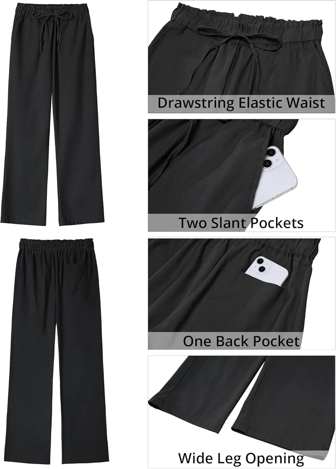 GRAPENT Linen Pants Women Wide Leg High Waisted Flowy Summer Beach Elastic Waist Pull On Baggy Palazzo Pants with Pocket
