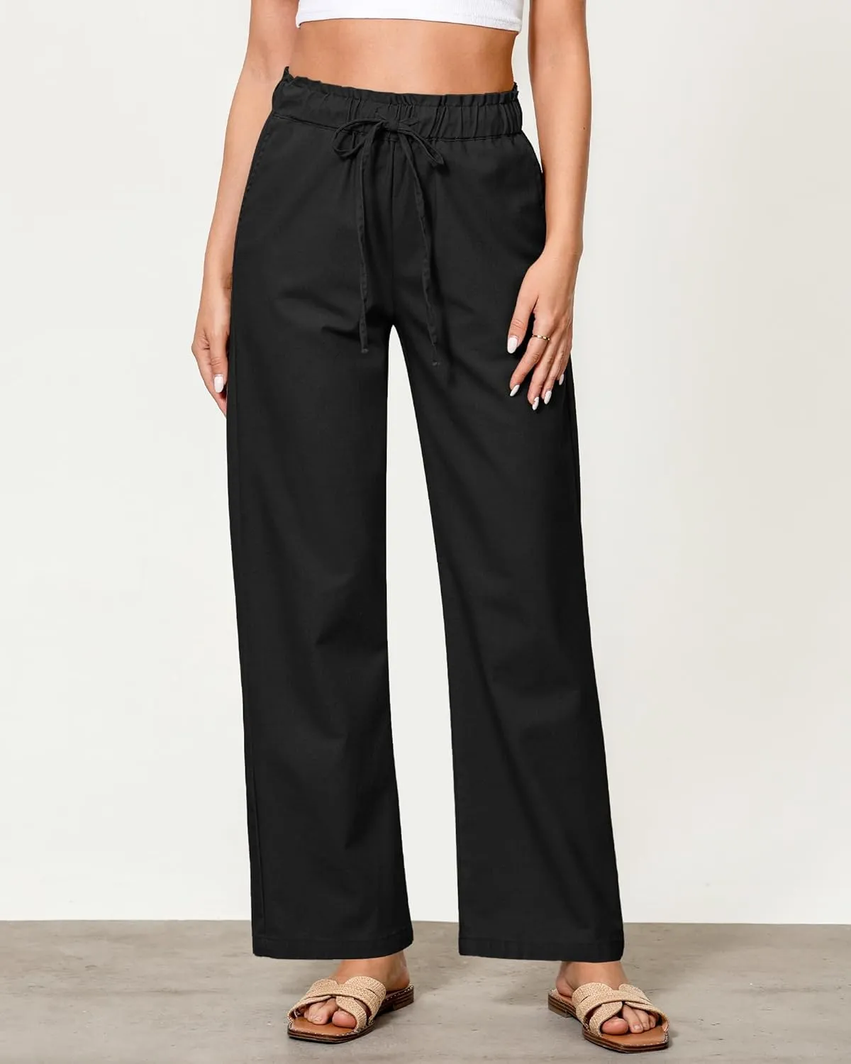 GRAPENT Linen Pants Women Wide Leg High Waisted Flowy Summer Beach Elastic Waist Pull On Baggy Palazzo Pants with Pocket