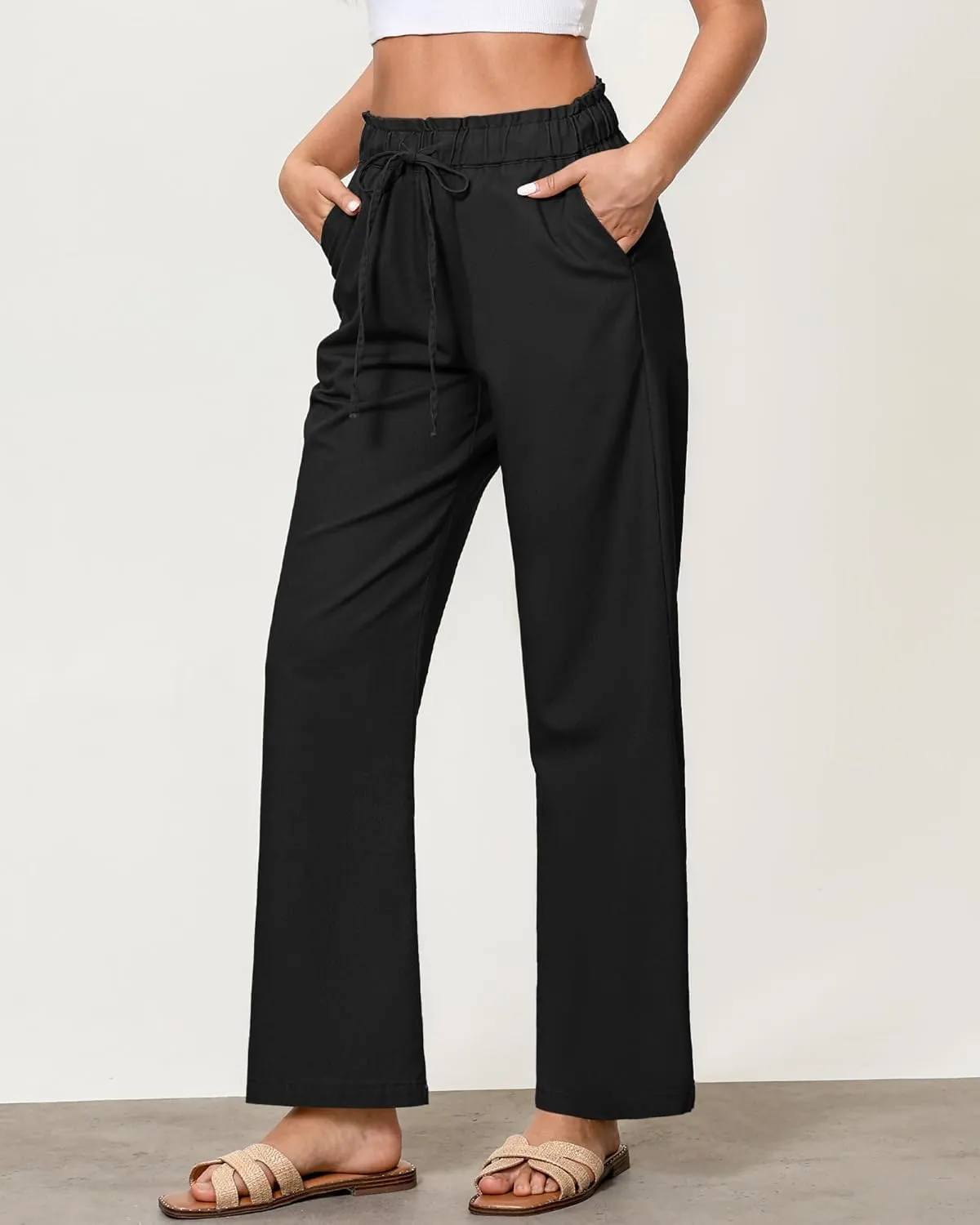 GRAPENT Linen Pants Women Wide Leg High Waisted Flowy Summer Beach Elastic Waist Pull On Baggy Palazzo Pants with Pocket