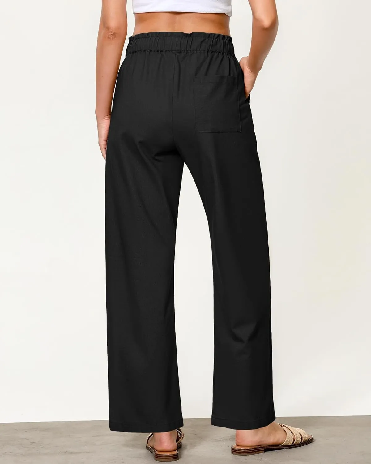 GRAPENT Linen Pants Women Wide Leg High Waisted Flowy Summer Beach Elastic Waist Pull On Baggy Palazzo Pants with Pocket