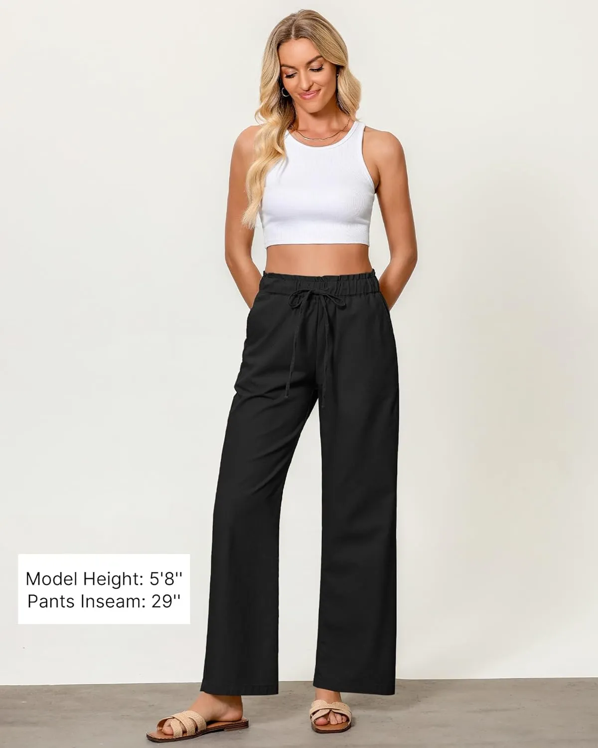 GRAPENT Linen Pants Women Wide Leg High Waisted Flowy Summer Beach Elastic Waist Pull On Baggy Palazzo Pants with Pocket