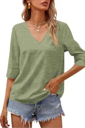 Grlasen Women Fashion Half Sleeve V-Neck T-Shirt Solid Loose Basic Tops