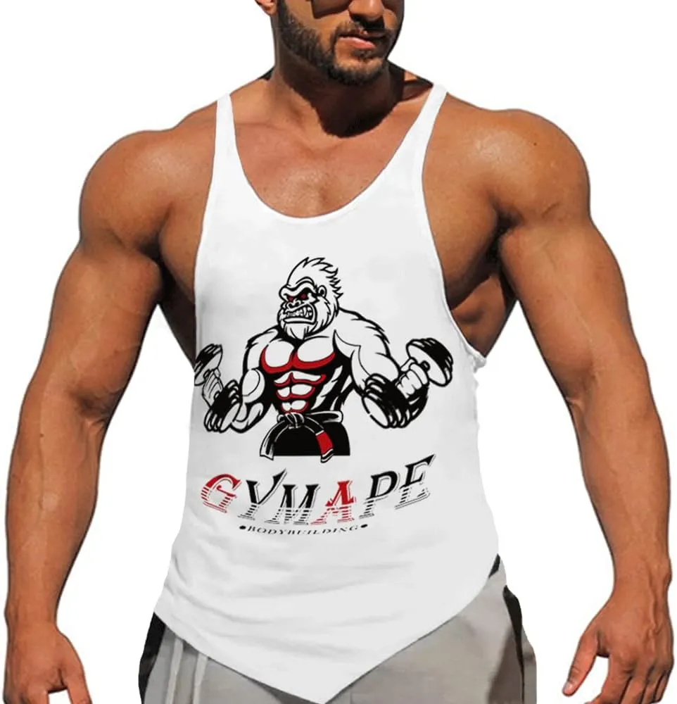 GYMAPE Mens Stringer Gym Bodybuilding Tank Tops Cotton for Workout with Arch Hem
