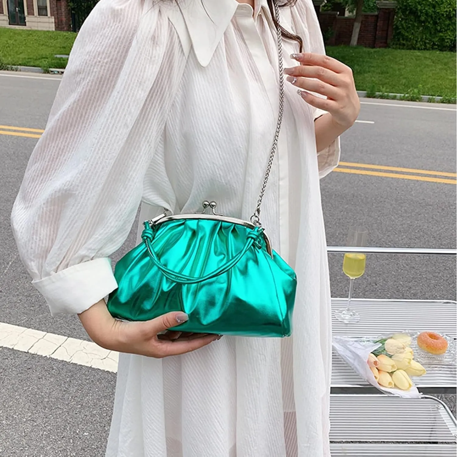 Handbags Shiny Patent Leather Evening Bag Pleated Clutch Purses Top Handle Satchel with Detachable Chain Well made