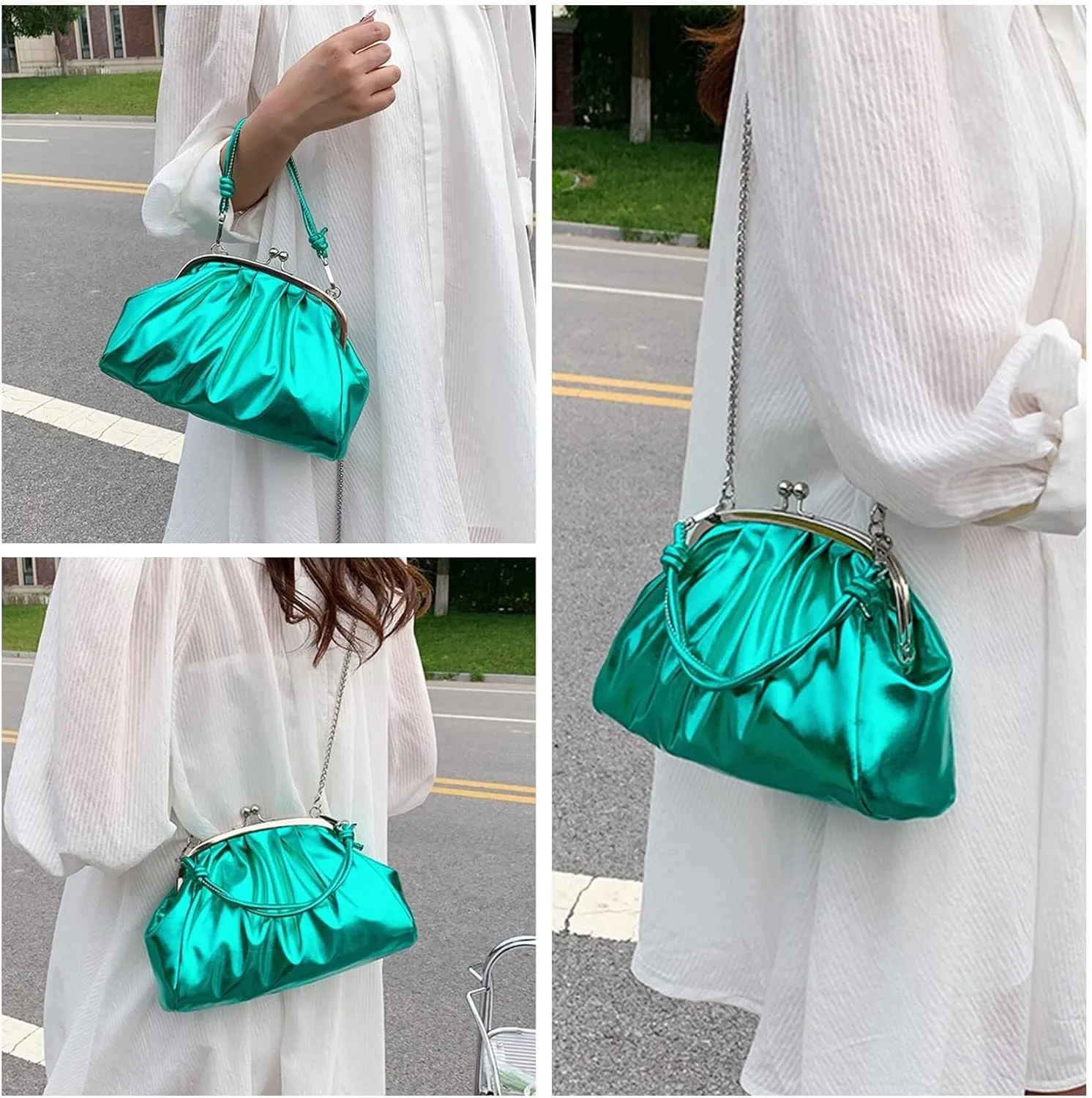 Handbags Shiny Patent Leather Evening Bag Pleated Clutch Purses Top Handle Satchel with Detachable Chain Well made