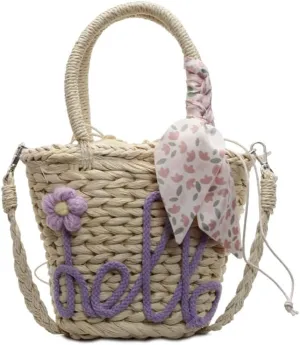 Handmade Summer Straw Bucket Bag for Women Chic Woven Top Handle Crossbody Purse with Decoration Scarf