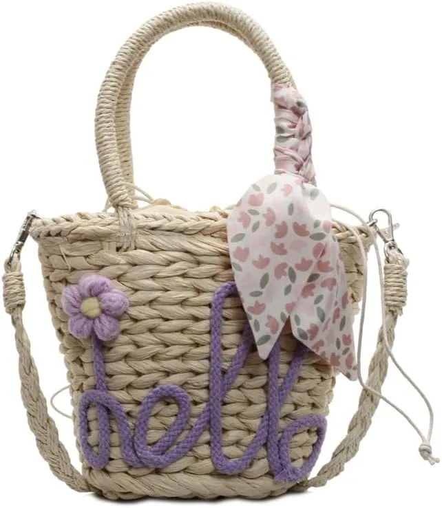 Handmade Summer Straw Bucket Bag for Women Chic Woven Top Handle Crossbody Purse with Decoration Scarf