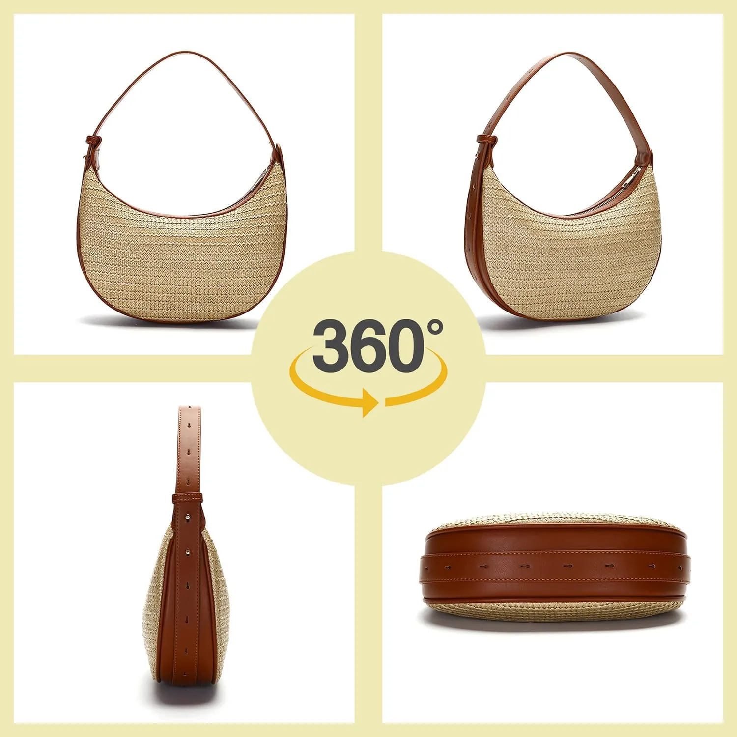 Herald Straw Crossbody Bag for Women Beach Woven Hobo Handbag Summer Chic Crescent Shoulder Purses with Adjustable Strap