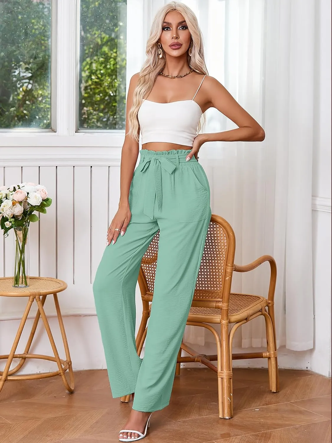 Heymoments Women's Wide Leg Lounge Pants with Pockets Lightweight High Waisted Palazzo Adjustable Tie Knot Flowy Trousers