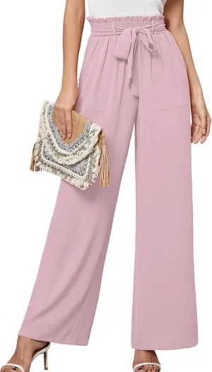 Heymoments Women's Wide Leg Lounge Pants with Pockets Lightweight High Waisted Palazzo Adjustable Tie Knot Flowy Trousers