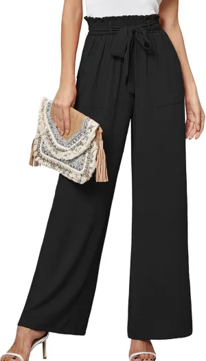 Heymoments Women's Wide Leg Lounge Pants with Pockets Lightweight High Waisted Palazzo Adjustable Tie Knot Flowy Trousers
