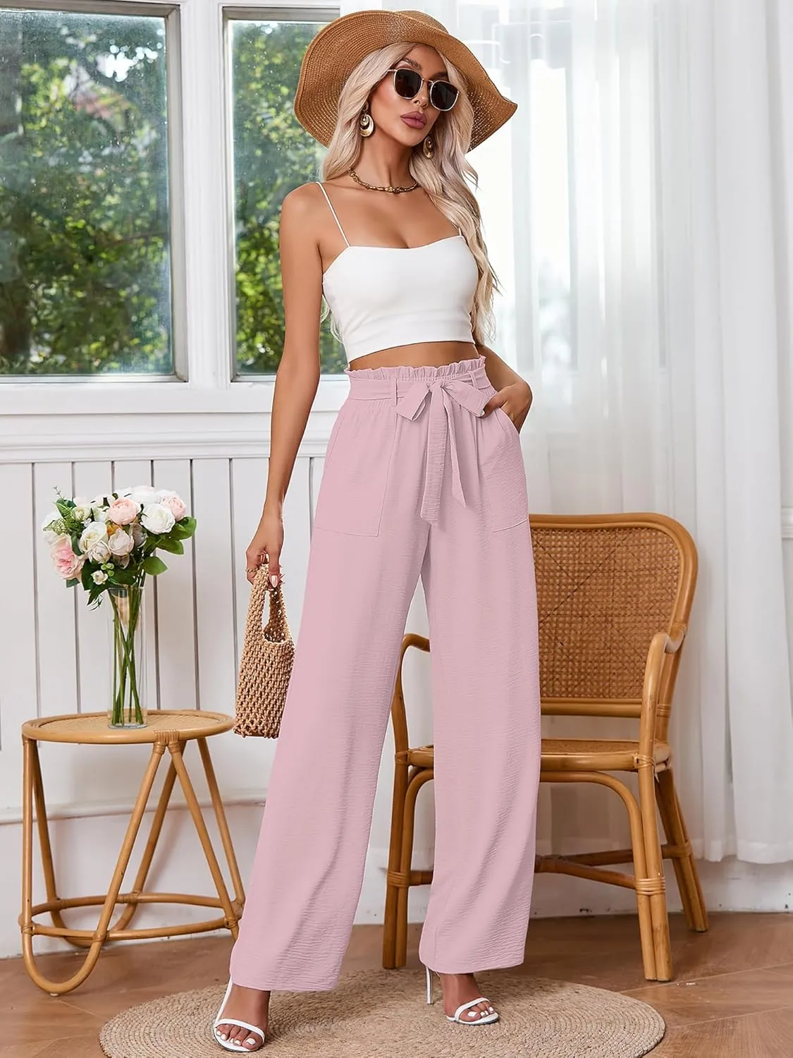 Heymoments Women's Wide Leg Lounge Pants with Pockets Lightweight High Waisted Palazzo Adjustable Tie Knot Flowy Trousers