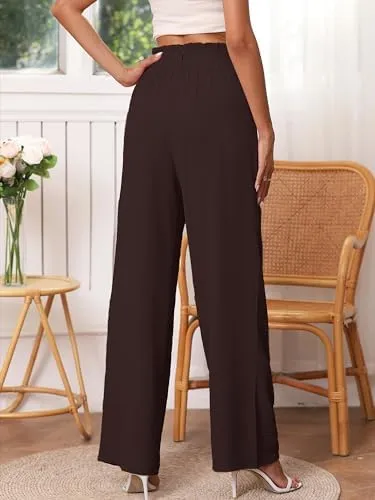 Heymoments Women's Wide Leg Lounge Pants with Pockets Lightweight High Waisted Palazzo Adjustable Tie Knot Flowy Trousers
