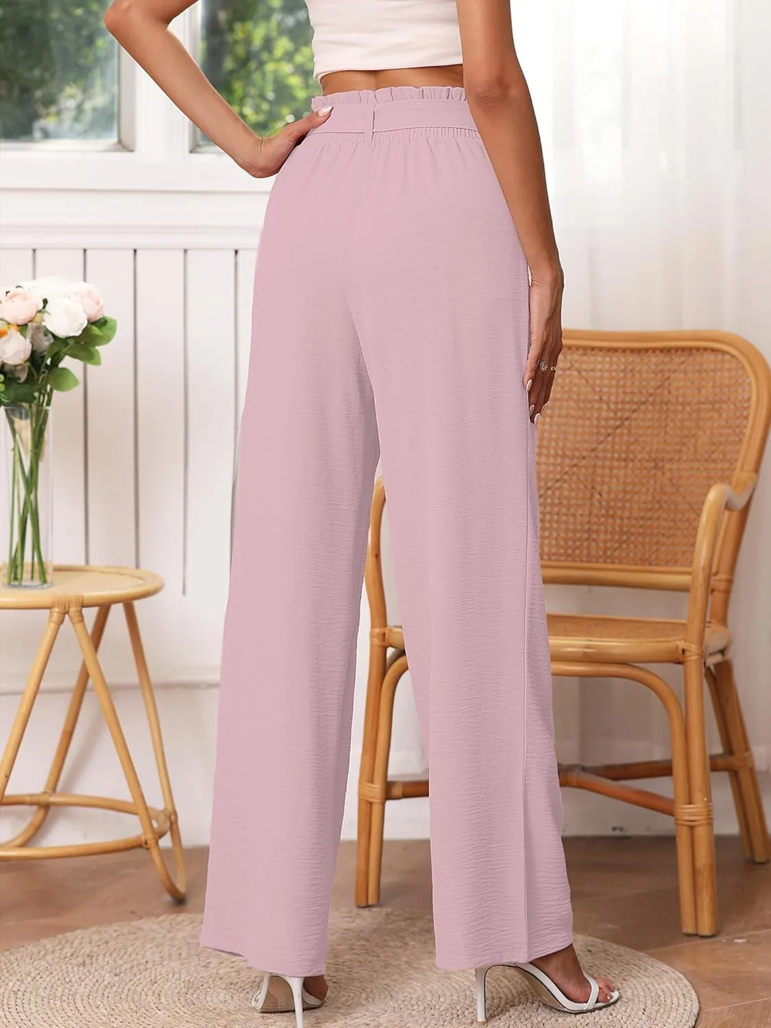 Heymoments Women's Wide Leg Lounge Pants with Pockets Lightweight High Waisted Palazzo Adjustable Tie Knot Flowy Trousers