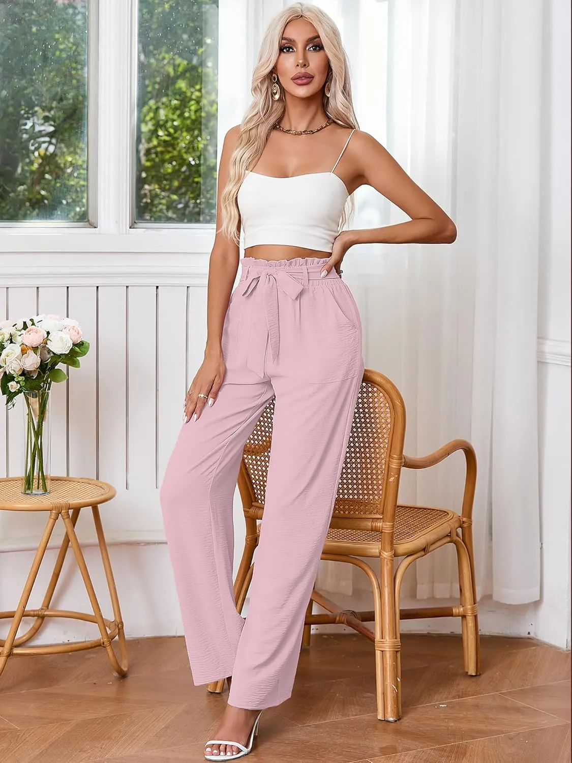 Heymoments Women's Wide Leg Lounge Pants with Pockets Lightweight High Waisted Palazzo Adjustable Tie Knot Flowy Trousers