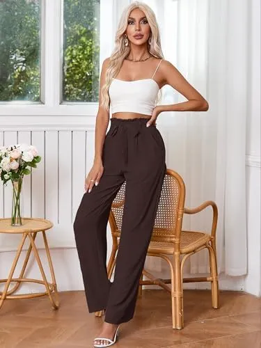 Heymoments Women's Wide Leg Lounge Pants with Pockets Lightweight High Waisted Palazzo Adjustable Tie Knot Flowy Trousers