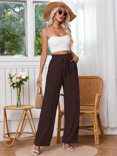Heymoments Women's Wide Leg Lounge Pants with Pockets Lightweight High Waisted Palazzo Adjustable Tie Knot Flowy Trousers