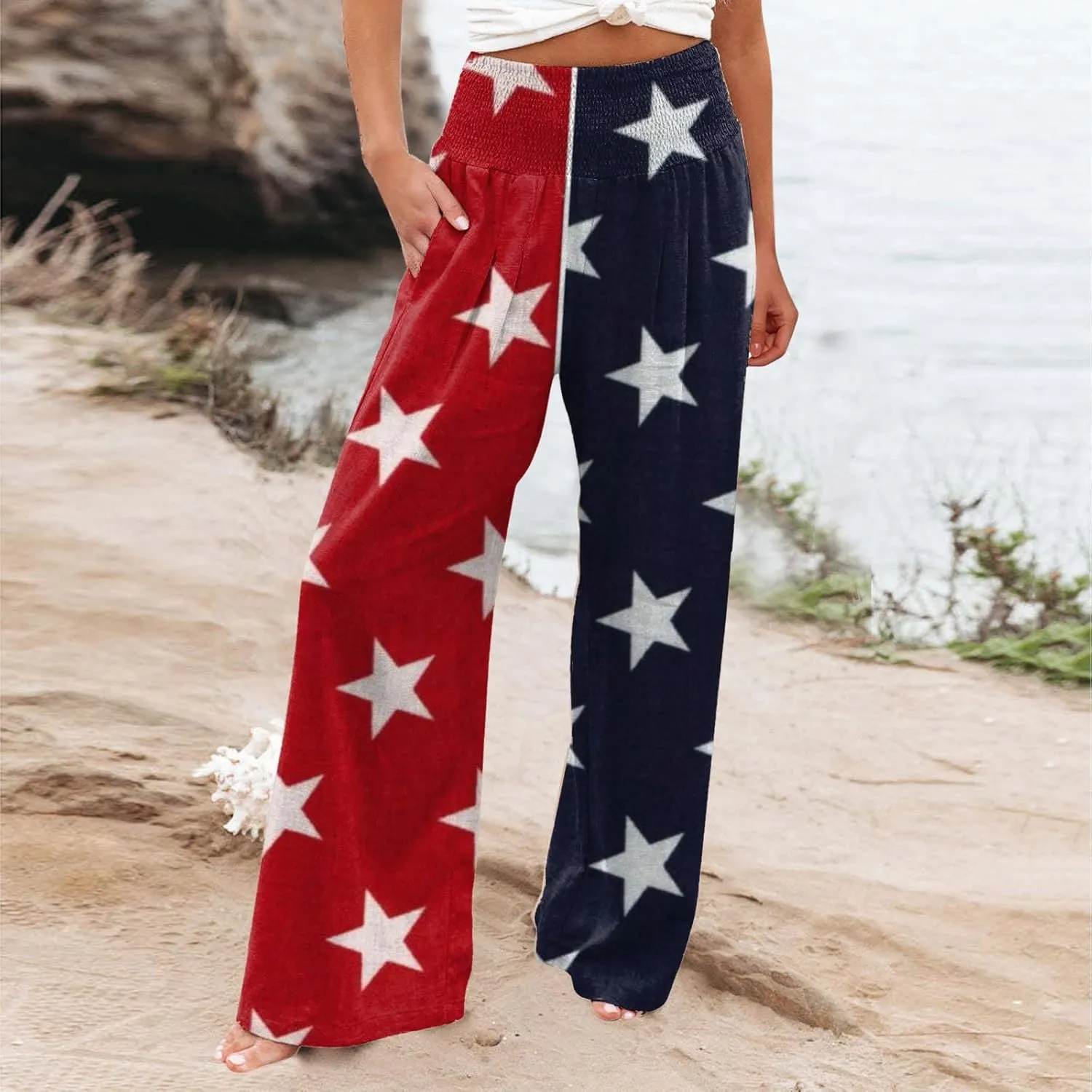 High Waist Cotton Linen Pants Wide Leg Palazzo Pants for Women Smocked Elastic Waist Loose Comfy Casual Pajama Pants