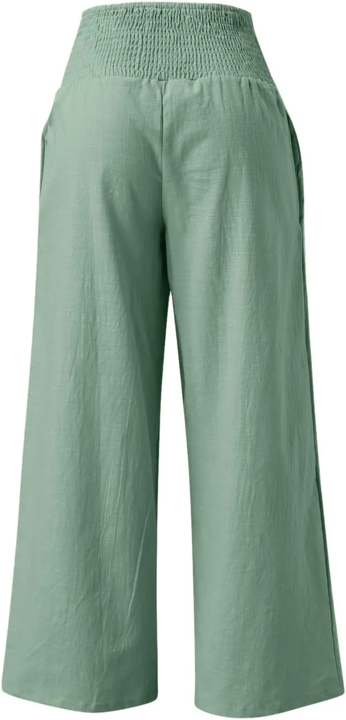 High Waist Cotton Linen Pants Wide Leg Palazzo Pants for Women Smocked Elastic Waist Loose Comfy Casual Pajama Pants