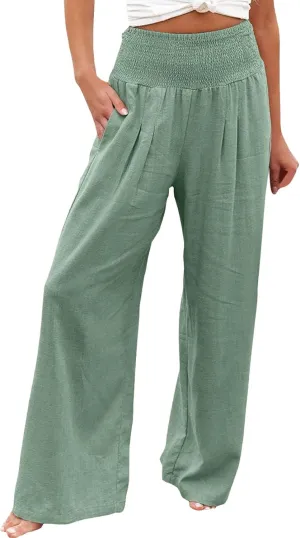 High Waist Cotton Linen Pants Wide Leg Palazzo Pants for Women Smocked Elastic Waist Loose Comfy Casual Pajama Pants