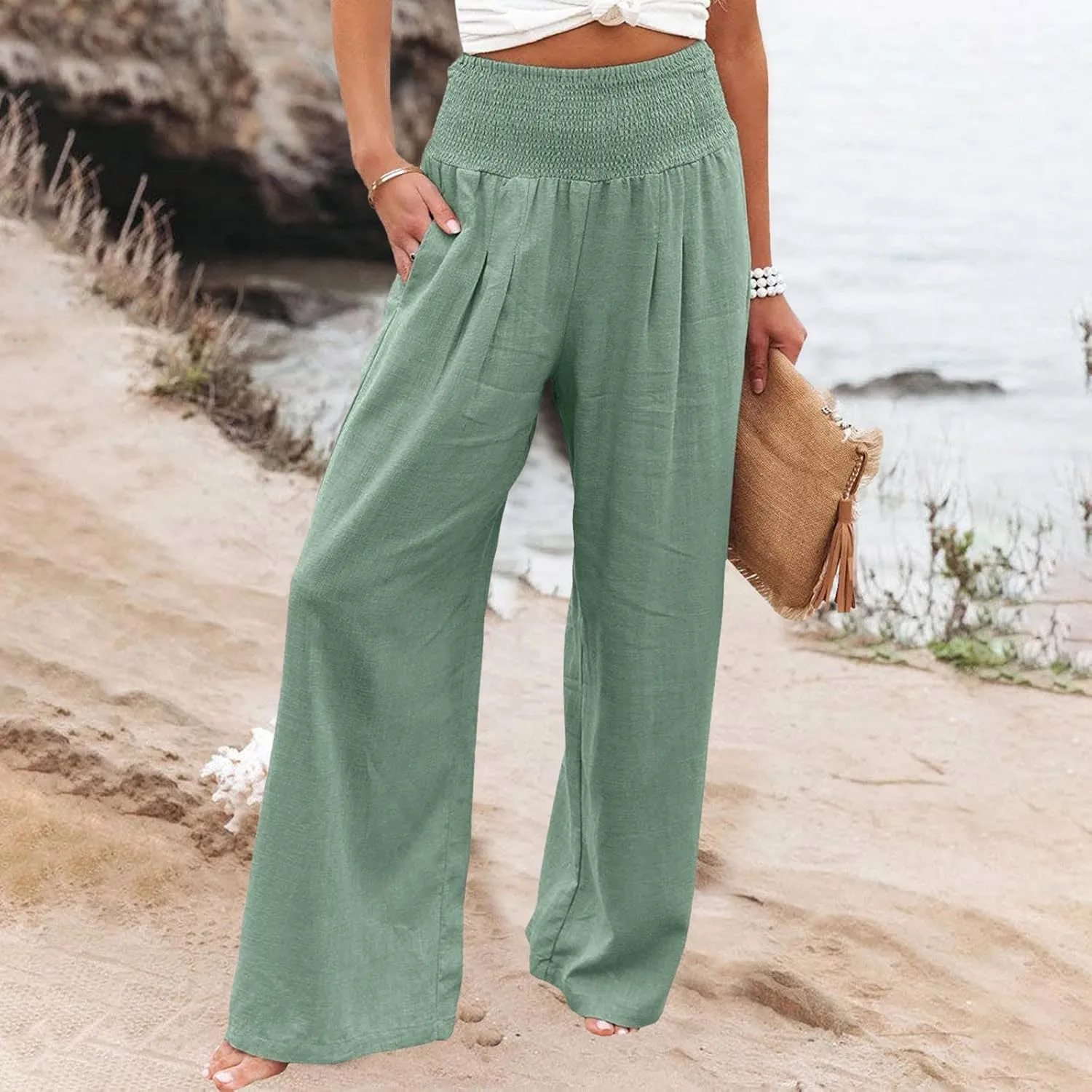 High Waist Cotton Linen Pants Wide Leg Palazzo Pants for Women Smocked Elastic Waist Loose Comfy Casual Pajama Pants