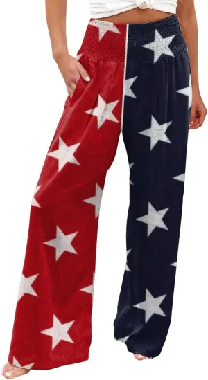 High Waist Cotton Linen Pants Wide Leg Palazzo Pants for Women Smocked Elastic Waist Loose Comfy Casual Pajama Pants