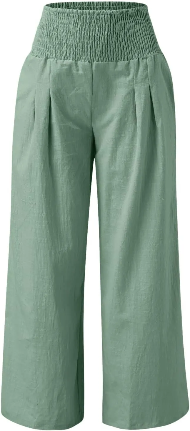High Waist Cotton Linen Pants Wide Leg Palazzo Pants for Women Smocked Elastic Waist Loose Comfy Casual Pajama Pants