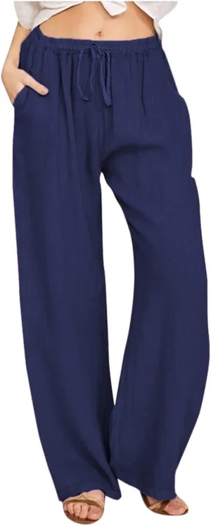 High Waisted Linen Pants Women Summer Casual Cotton Palazzo Pants Loose Fit Lightweight Wide Leg Pants with Pockets