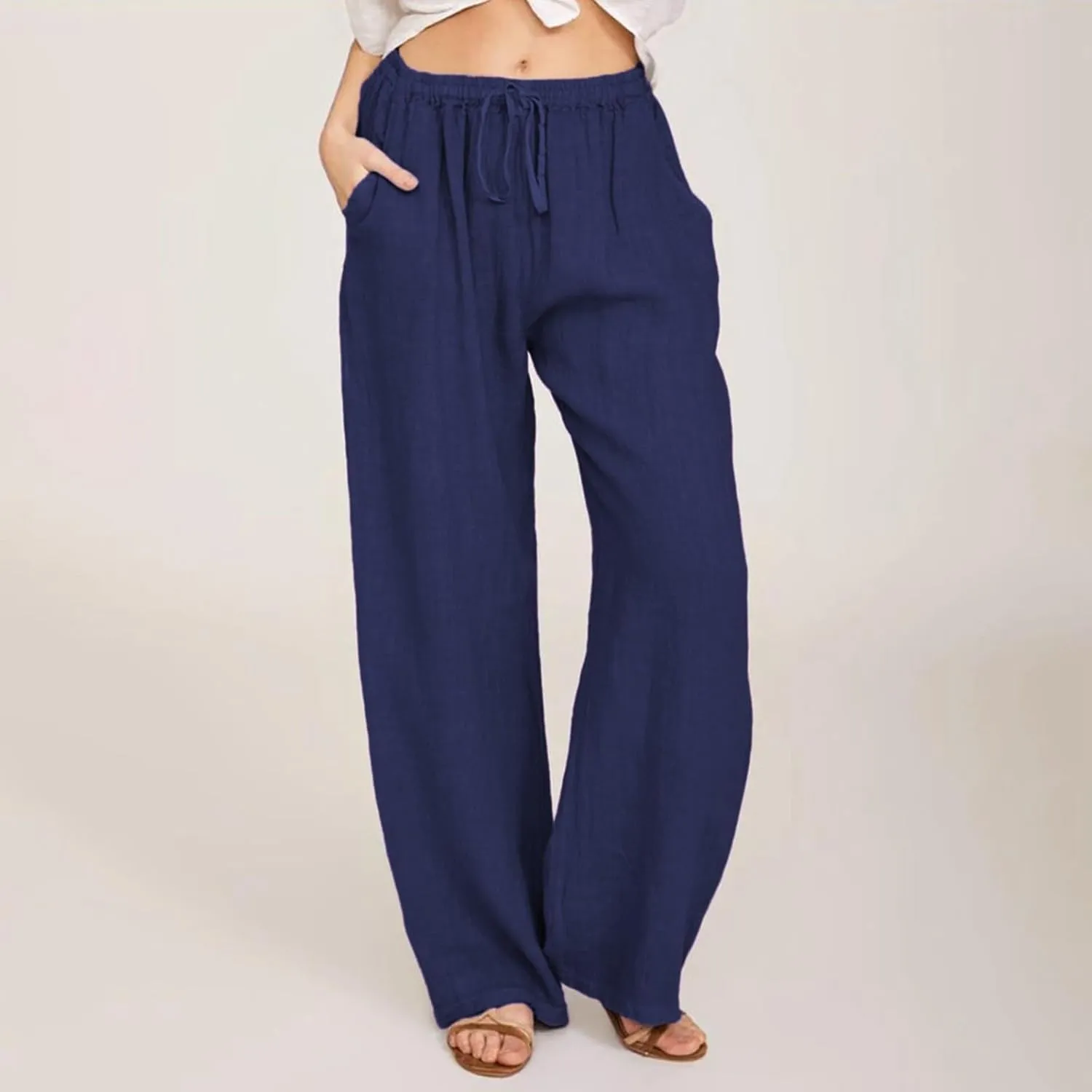 High Waisted Linen Pants Women Summer Casual Cotton Palazzo Pants Loose Fit Lightweight Wide Leg Pants with Pockets