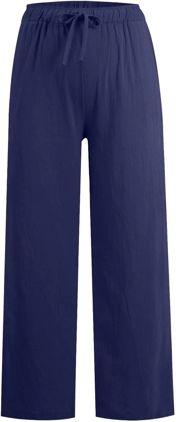 High Waisted Linen Pants Women Summer Casual Cotton Palazzo Pants Loose Fit Lightweight Wide Leg Pants with Pockets