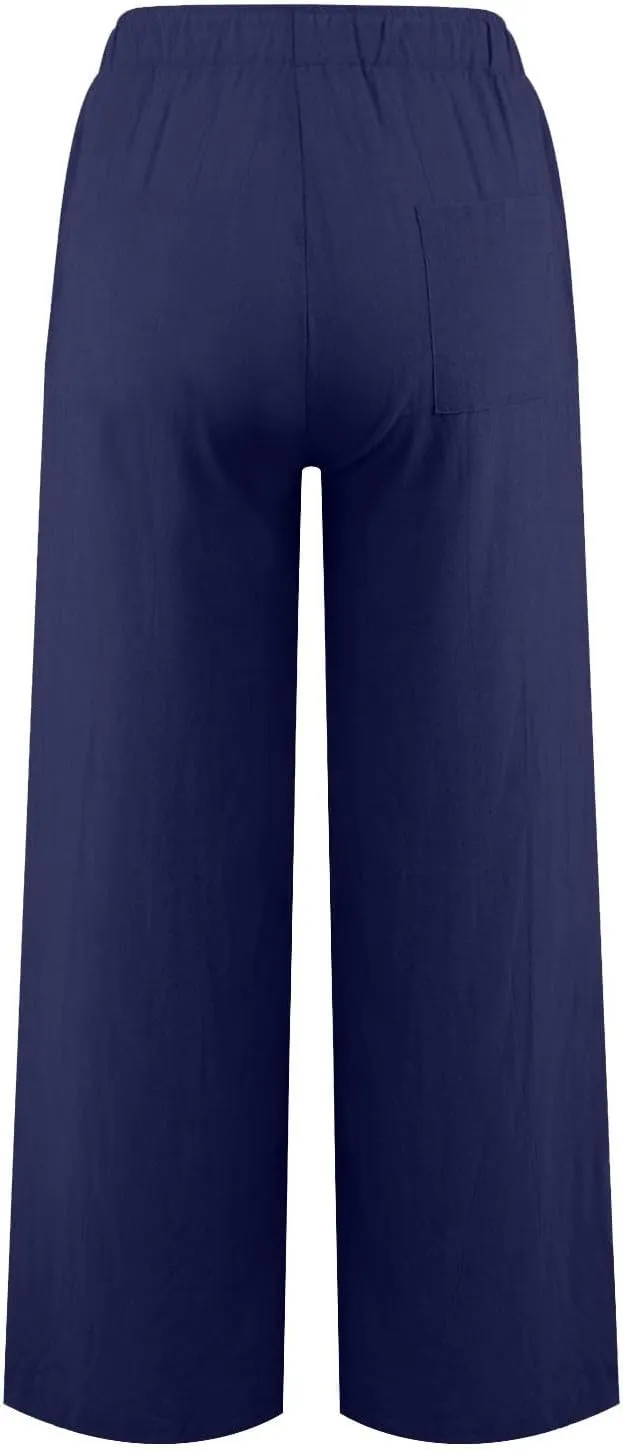 High Waisted Linen Pants Women Summer Casual Cotton Palazzo Pants Loose Fit Lightweight Wide Leg Pants with Pockets