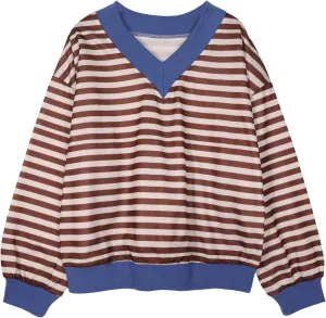 Hilinker Womens V Neck Oversized Sweatshirts Casual Drop Shoulder Long Sleeve Pullover Tops