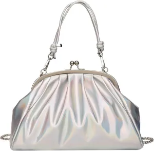 IAMUHI Women Shiny Patent Leather Chain Evening Handbag Purse Elegant Small Top Handle Kiss Lock Pleated Crossbody Clutch Bag