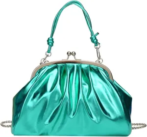 IAMUHI Women Shiny Patent Leather Chain Evening Handbag Purse Elegant Small Top Handle Kiss Lock Pleated Crossbody Clutch Bag