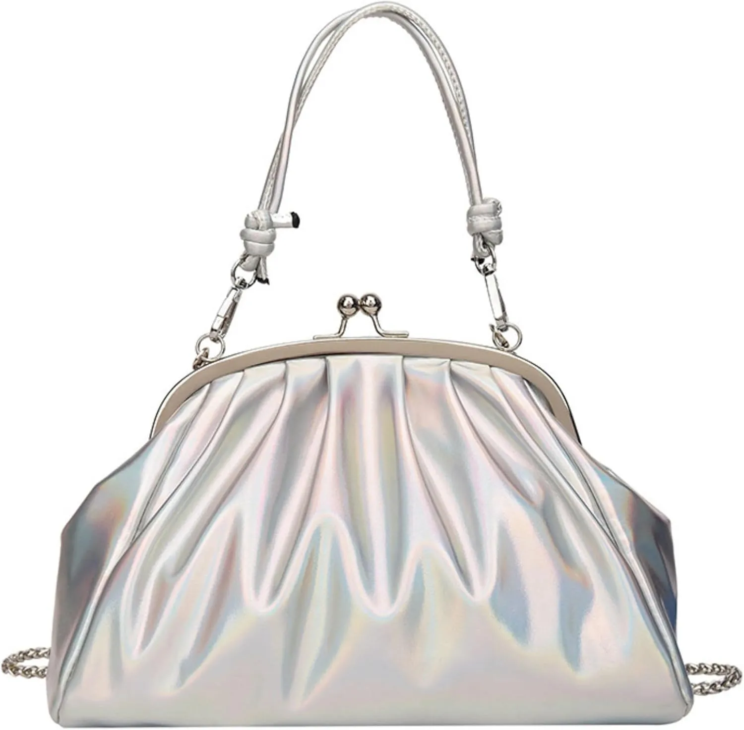 IAMUHI Women Shiny Patent Leather Chain Evening Handbag Purse Elegant Small Top Handle Kiss Lock Pleated Crossbody Clutch Bag