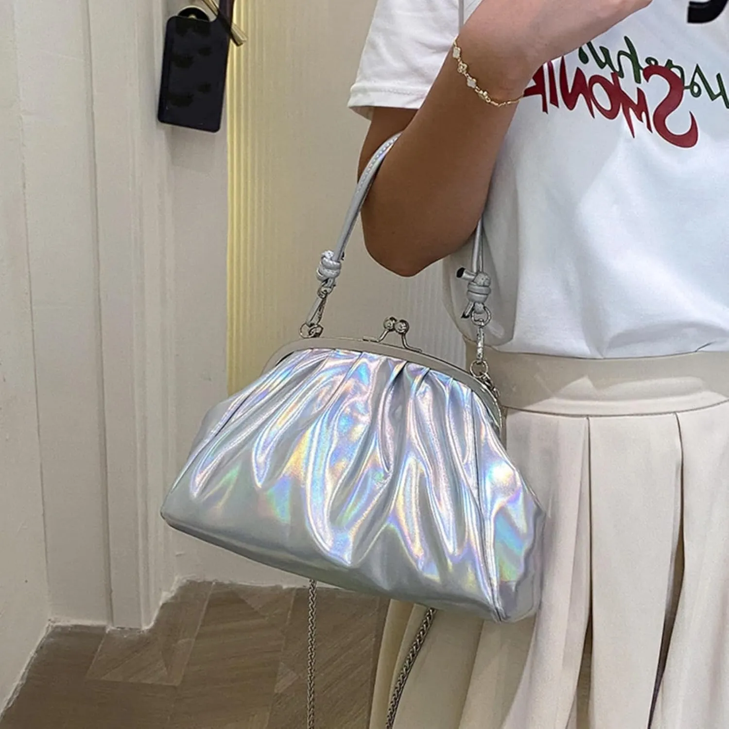 IAMUHI Women Shiny Patent Leather Chain Evening Handbag Purse Elegant Small Top Handle Kiss Lock Pleated Crossbody Clutch Bag