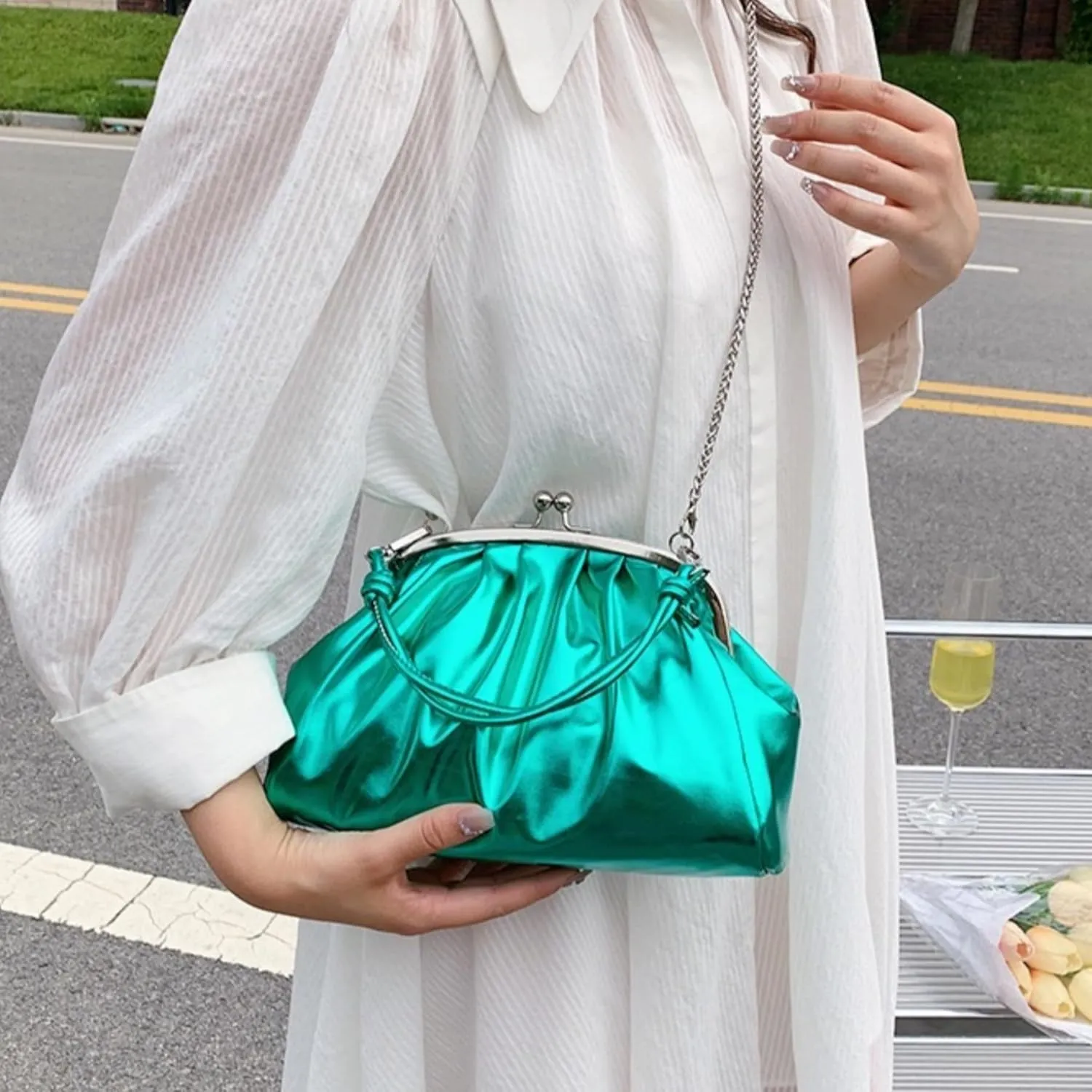 IAMUHI Women Shiny Patent Leather Chain Evening Handbag Purse Elegant Small Top Handle Kiss Lock Pleated Crossbody Clutch Bag