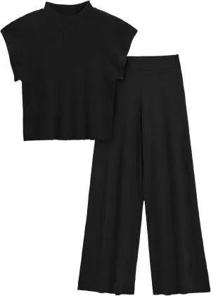 Imily Bela Women's 2 Piece Outfits Sweater Knit Sets Mock Neck Short Sleeve Tops Wide Leg Pants Casual Tracksuit